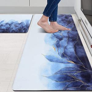 MAYHMYO Anti Fatigue Kitchen Mat - Set of 2 - Blue and Gold Design Comfort Mats - Cushioned, Non Slip Floor Mat