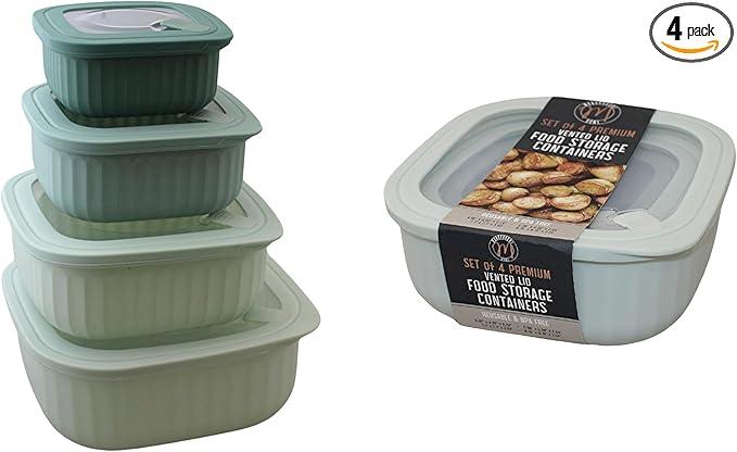 Set of 4 BPA-Free Square Food Storage Containers Vented Lids Assorted Sizes, Microwave & Freezer Safe Nesting Design for Leftovers Meal Prep Fridge Organization Dry Grains