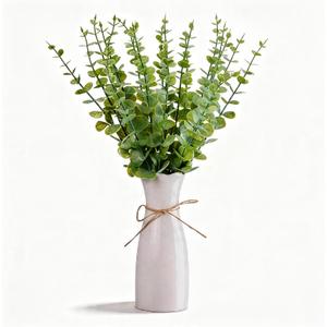 Artificial Eucalyptus Stems with White Vase,19 Inch Small Fake Plants Indoor,Faux Greenery Plant for Farmhouse Home Decor,Bathroom Living Room Kitchen Office Shelf Coffee Table Centerpiece