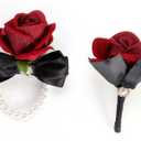 2 x Corsage and Boutonniere Set for Wedding Prom, Artificial Rose Flower Wrist Corsage Bracelets, Homecoming Corsage Wristlet, Boutonniere for Men Wedding Suit Decorations (Black&wine Red)