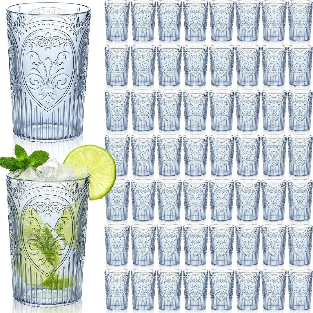 100 Pcs 16 oz Vintage Plastic Drinking Water Glasses Bulk, Blue, 3.1 inch /8 cm x 5.1 inch / 13 cm