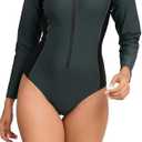 Halcurt Women's Long Sleeve One Piece Rash Guard Swimsuit Zip Front UPF50+ Surfing Swimwear, L