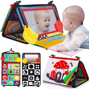 Tummy Time Baby Mirror Infant Toys Newborn 0 3 Months Brain Development with Crinkle Cloth Book Teether Black and White High Contrast Baby Toys 2 4 5 0-6 Month Boys Girls Sensory Activity Shower Gifts