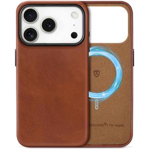 SHIELDON Genuine Leather Case for iPhone 17 Pro 6.3" 2025, Compatible with Magsafe, Magnetic Wireless Charging, Anti-Scratch, Shockproof Protective Cover - Retro Brown