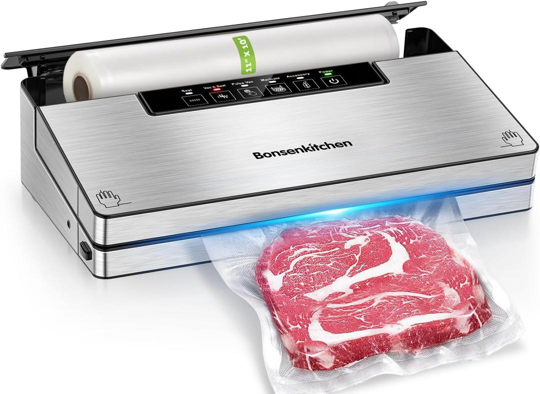 Bonsenkitchen Vacuum Sealer Machine, Powerful Stainless Steel Food Sealer with 5 Modes, Built-in Cutter & Bag Storage,Globefish Technology for High-Speed Continuous Working, Include 1 Bag Roll (Silver)