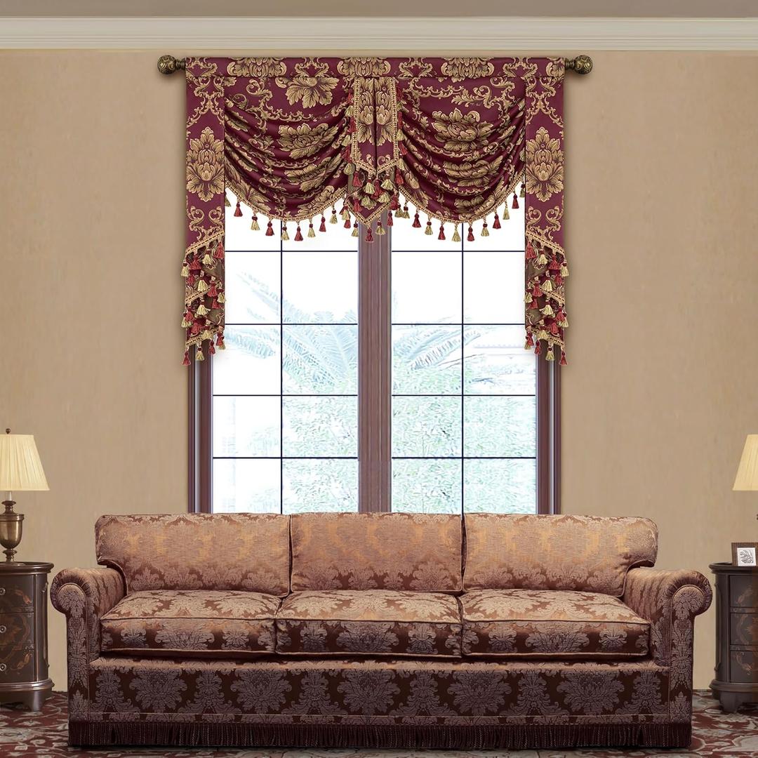 Loom and Mill Luxury Waterfall Valances for Living Room, Classic Jacquard Thick Swag Curtains Valance with Tassels for Bedroom Windows Party Banquet Christmas Decor (Wine Red, W59 Inch, 1 Panel) (59"W x 45"L (Pack of 1))