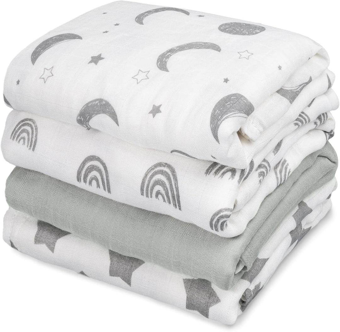 GLLQUEN BABY Muslin Swaddle Blankets 4-Pack Breathable Receiving Blankets (35" x 40") Soft Baby Blankets for Girls and Boys Newborn Essentials Muslin Burp Cloths Swaddle Wrap Baby Gift (Star)
