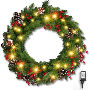 Brightown 24 Inch Pre-Lit Artificial Christmas Wreaths for Front Door,Christmas Decorations Indoor with Pine Cones & Berry Clusters, Christmas Wreath with 50 Lights for Fireplace Wall Window, Plug-in