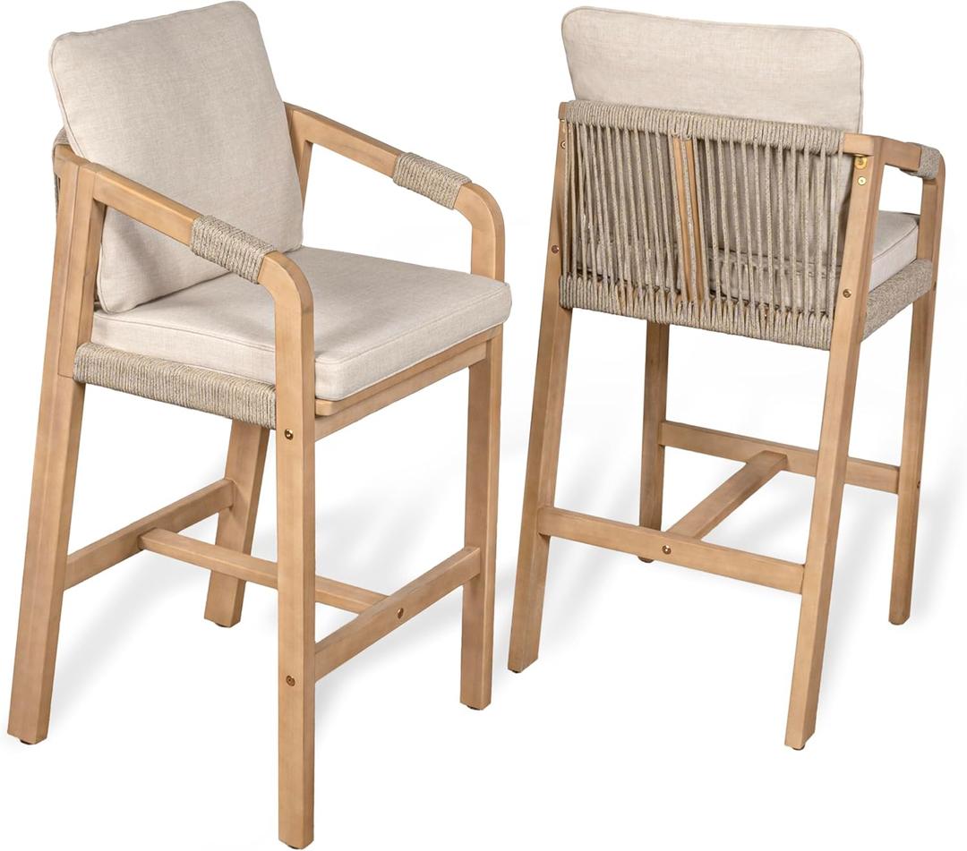 JONATHAN Y BSL1200A-SET2 Porto Modern Coastal Tub Roped Acacia Wood Outdoor Bar Stool with Cushions and Armrests Modern, Coastal, Contemporary, Rustic, Garden Room, Patio, Beige/Light Teak (Set of 2)