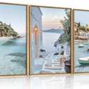 Greek Island Coastal Framed Canvas Wall Art Set,Modern Mediterranean Whitewashed Architecture Scenery Wall Decor,Natural Blue Beach Boat Landscape Artwork for Living Room,Farmhouse- 24"x36"x3