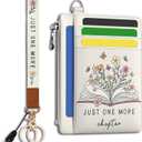 Hancynir Book Lover Floral Flower Slim Wallet Women Credit Card Holder, RFID Blocking Front Pocket Wallet Wristlet Keychain Lanyard, Small Cute Mini Card Case, Thin Travel Zipper Coin PU Leather Gifts