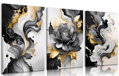 3pcs Black And Gold Abstract Canvas Wall Art Modern Black Grey And Gold Marble Wall Decor Pictures Minimalist Foil Fluid Texture Posters Prints for Living Room Bedroom Office Home Decoration