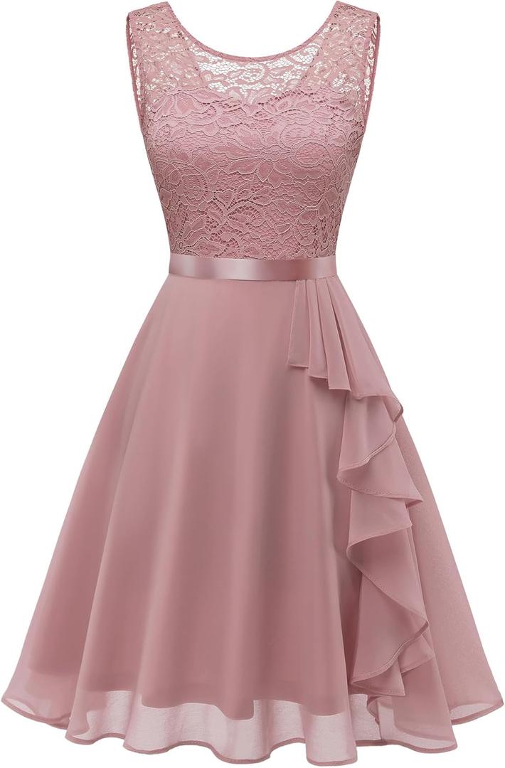 BeryLove Women's Cocktail Dresses Prom Wedding Guest Short Bridesmaid Dresses Ruffle Hem Sleeveless Lace Formal Dress (Large)