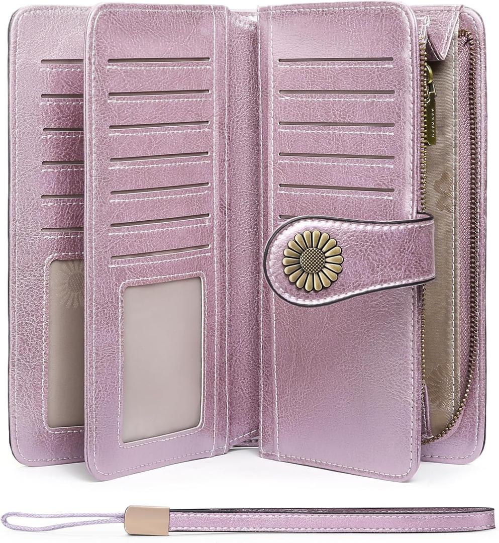 SENDEFN Wallets for Women Leather Credit Card Holder with RFID Blocking Large Capacity Wristlet | with RFID Blocking, Large Capacity, Wristlet, with RFID Blocking, Large Capacity, Wristlet (1-Wax-Purple-2)