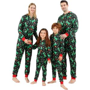VNVNE Matching Christmas Onesie Pajamas for Family/Couples/Women/Men, Xmas Holiday Reindeer Striped Adults Pjs Sleepwear (8-10 Years, Green Dinosaur)