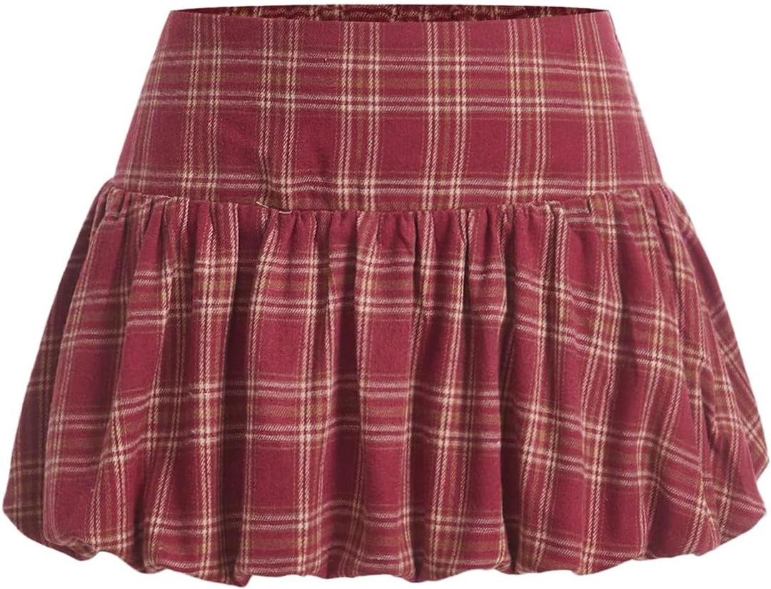 SweatyRocks Women's Plaid Ruffle Mini Bubble Skirt A Line Low Rise Skirts Skort (Medium, Red)