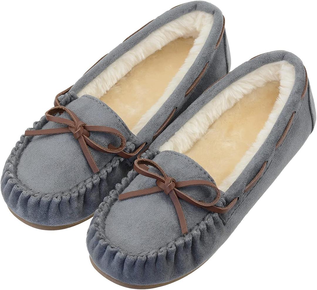 Vonair Women's Moccasin Slippers Micro Suede Warm Faux Fur Pile Lined Lace-Up Cozy Bow Indoor & Outdoor Moccasins Slip On Loafers Shoes for Women (9, Grey)