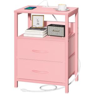 Yoobure Nightstand with Charging Station, Small Night Stand with Fabric Drawers and Storage Shelf for Bedrooms, Nightstands for Small Spaces, Bedside Table with USB Ports & Outlets Bed Side Table (Pink)