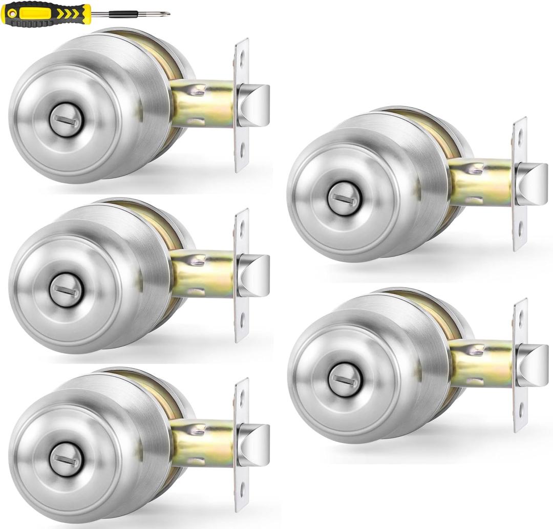 Lanwandeng 5 Pack Interior Door Knobs for Bedroom or Bathroom Keyless, Brushed Nickel Privacy Door Knob, Round Ball Bath/Bed Door Locks