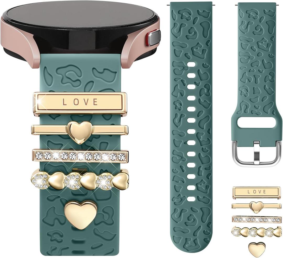 5PCS Charm Leopard Engraved Band Compatible with Samsung Galaxy Watch 7/6/5/4/For Galaxy FE 6 5 4 40mm 44mm,Galaxy Active 2,20mm Watch Band Soft Silicone Strap with 5PCS Ring Loops (Pinegreen-GoldLove)