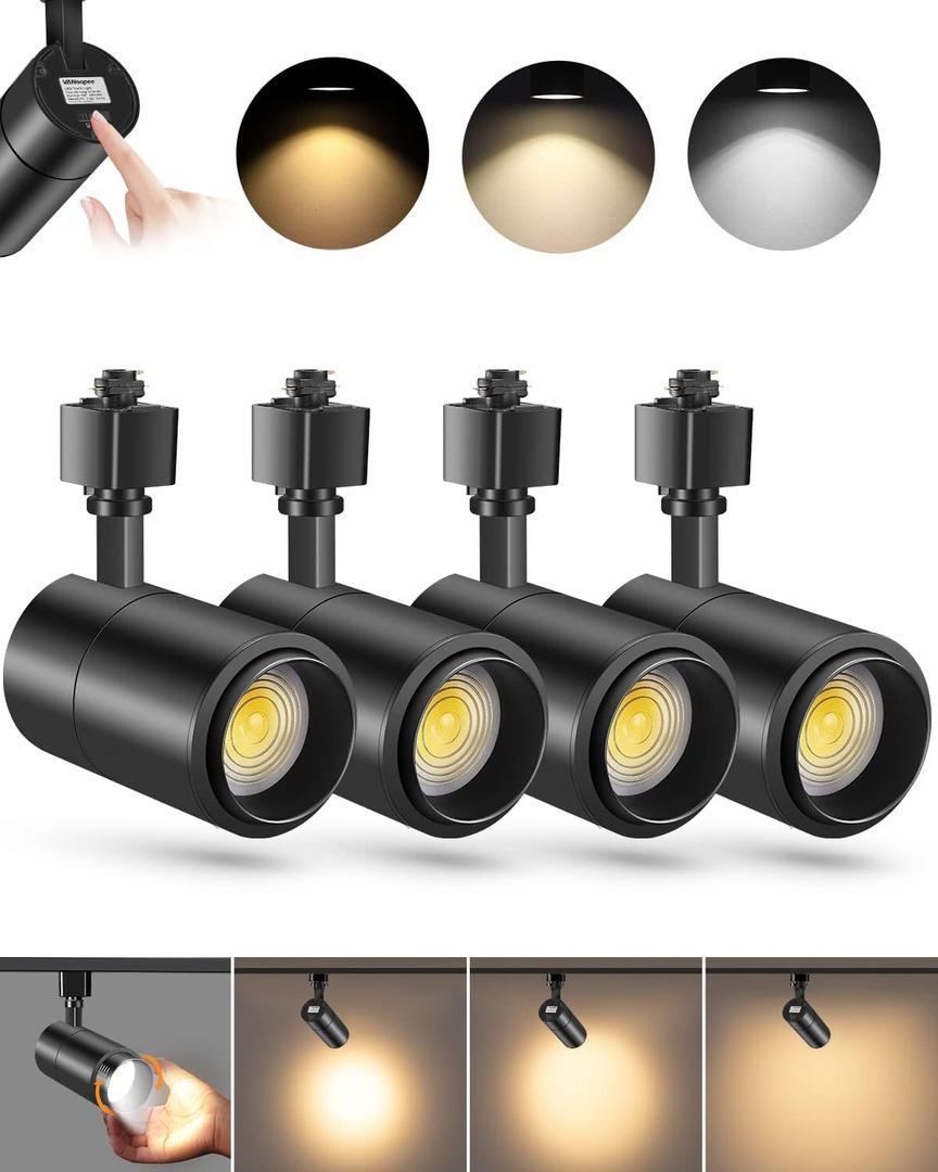 3-Color Zoomable 20W LED Track Lighting Heads H Type Track Light Heads Dimmable Bright Ceiling Spotlight Fixtures for Kitchen, 3000K 4000K 5000K Adjustable, CRI90+ 15°-60° 2000lm Black 4 Pack