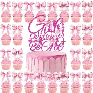 Hokinaa Bow 1st Birthday Decorations - 25 Pcs Girls Just Wanna Be One First Birthday Cake Topper, Pink Bow Theme Cupcake Toppers Set, Happy 1 Year Old Party Supplies Photo Background Decor for Girl 2 Pack