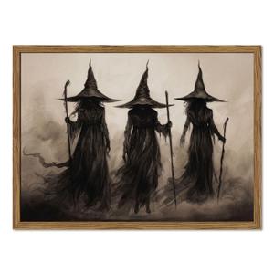 Vintage Framed Witch Halloween Wall Art, Gothic Three Witches Wall Decor, Dark Academia Canvas Print, Rustic Macabre Picture Poster Painting for Bedroom Living Room Spooky Fall Decor 16x24in