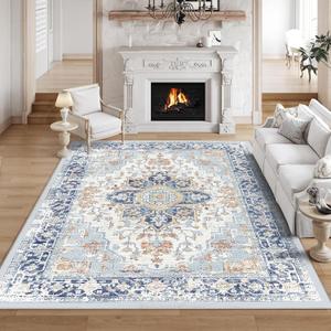 VK VKLIVING 6'x9' Area Rugs 6'x9' Washable Rug Machine Washable Rugs for Living Room Boho Area Rugs for Bedroom, Vintage Rugs Carpet Machine Rug Non Slip Office Rug, Light Blue