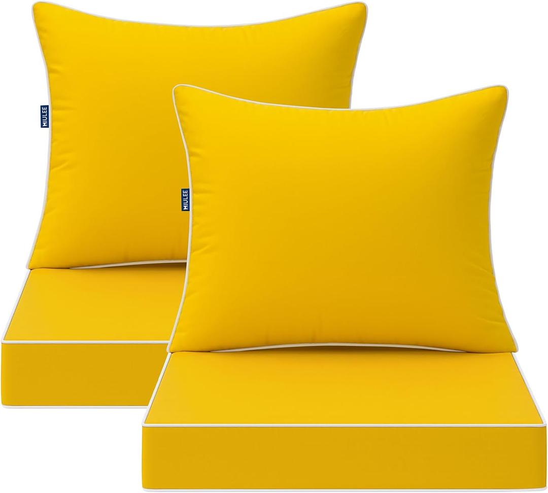 MIULEE Yellow Outdoor Seat Cushion 24x24 Inch Set of 2 Waterproof & 3 Year Fade Resistant Deep Seat and Back Cushion for Patio Furniture Chair Sofa Couch with Handle and Adjustable Straps