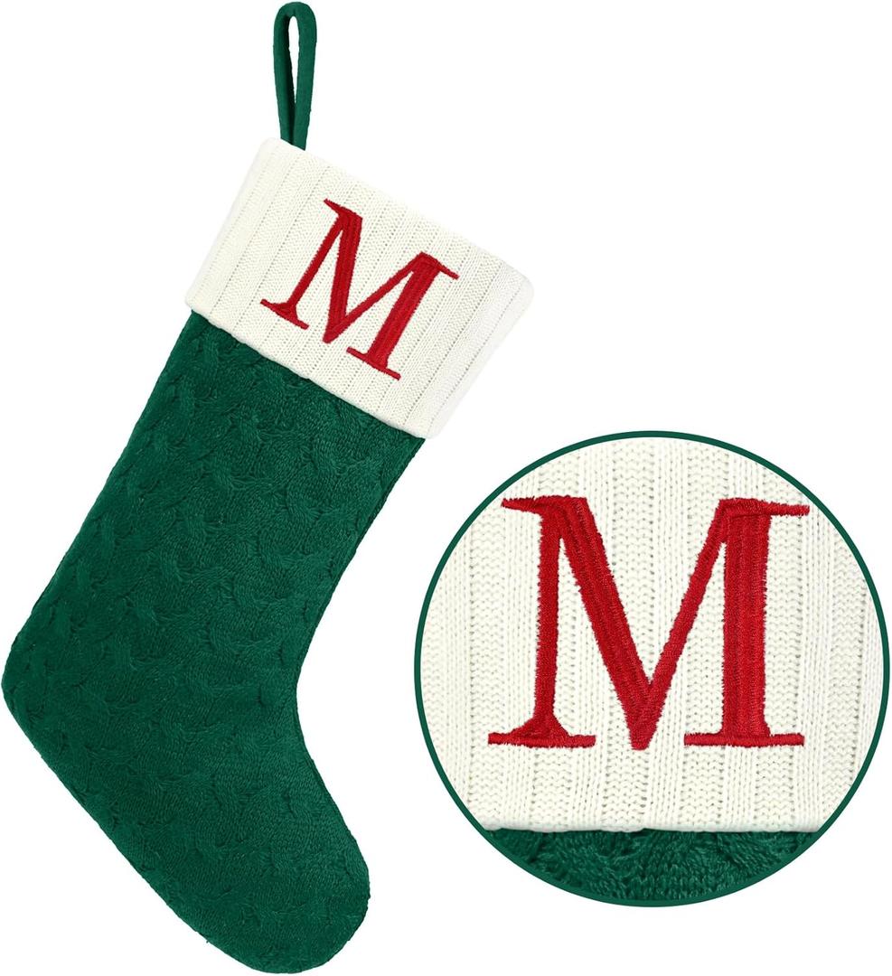 Christmas Stockings with Initials,20 Inches Large Knit Embroidered Letter Green White Christmas Stocking,Monogram Christmas Stocking for Famliy Holiday and Xmas Tree Fireplace (Letter M)