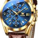 OLEVS Men's Casual Leather Watch, Big Face Chronograph Watch for Men, Fashion Easy to Read Dress Watch, Men's Waterproof Luminous Date Analog Watch, Gold/Black/White/Blue Dial