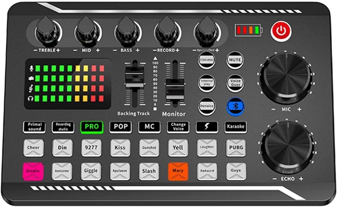 Live Sound Card, Mini Sound Mixer Board with 16 Effects and Voice Changer, Noise Reduction Bluetooth Live Sound Card Audio Mixer for Live Streaming, Podcast(Black,190 * 118 * 28mm)