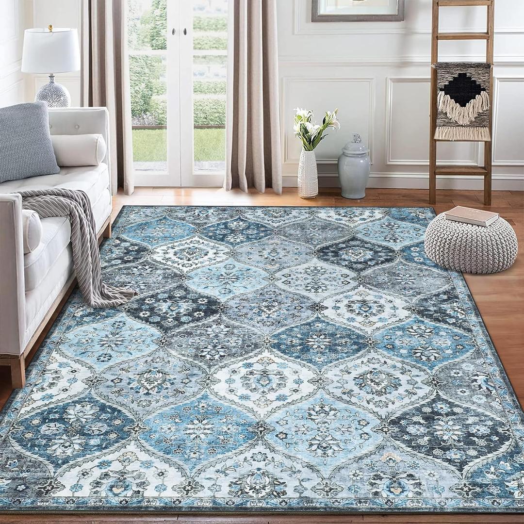 10x13 Area Rug Extra Large Moroccan Trellis Machine Washable Rug Vintage Medallion Distressed Accent Rug Stain Resistant Non-Slip Floor Cover Carpet for Living Room Bedroom, Blue/Grey