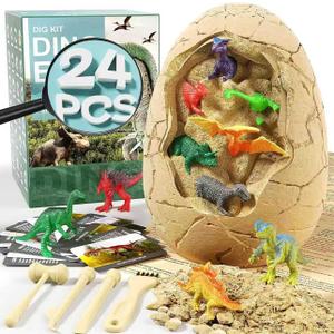 Uregoio 24 Unique Dinosaurs Excavation Kit, Jumbo Dino Egg Dig Kit Toys with Tools & Learning Cards, STEM Science Experiments Gift for Kids 3-12 Years OldEaster Birthday Party Favors for Boys & Girls