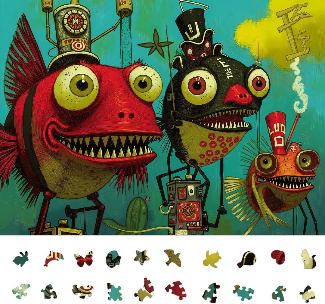 Naturelish 1000 Piece Puzzle for Adults, Quirky Piranha-Inspired Artwork with Unique-Shaped Pieces, Matte Texture, Color-Coded Backing, Challenging Gift for Puzzle Lovers 26.6 x 19.2 in