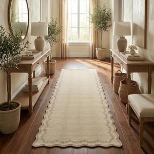 GarveeHome 2.5x8 Scalloped Washable Runner Rug for Kitchen, Soft Jute Long Hallway Runner Non Slip Entryway Rug Farmhouse Thin Laundry Mat Stain Resistant Carpet for Bathroom Beside Rug