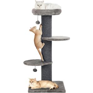 Cat Craft 43" Short Plush Cat Scratching Post with Perch & Bed, Dark Grey | Short Plush Fabric • Two Climbing Platforms • Stable Base • Space-Saving Design • Easy Assembly