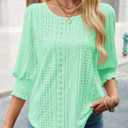 Tankaneo Womens 3/4 Length Sleeve Ladies Tops and Blouses Casual Eyelet Top Crewneck Dressy Shirts with Smocked Cuffs 2025 (Green, M)