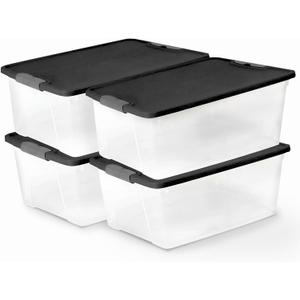 HOMZ 4-Pack Secure Latch, Clear Plastic Storage Organizer Bins, 15 Quart, Gray Lid - Stackable Container Boxes for Bedroom, Bathroom, Garage, and Office Organization