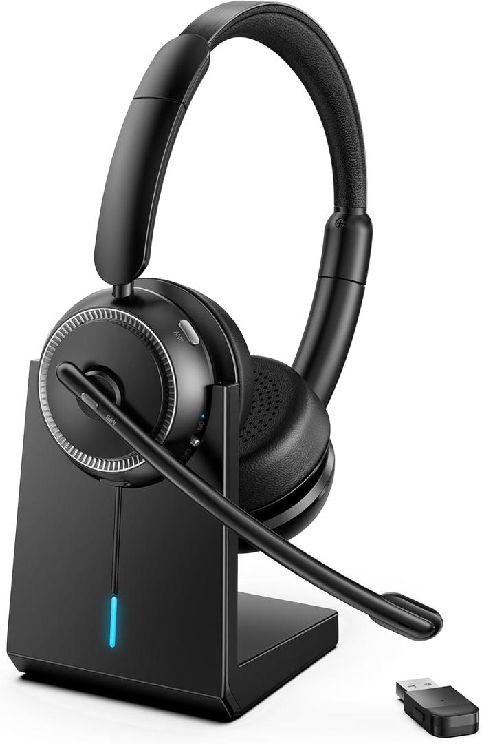 Upgrade ANC & ENC Headset with Microphone for PC, Wireless Headset with Mic for Work(Flip-to-Mute & USB Dongle), Bluetooth 5.4 Noise Cancelling Headphones with Mic for Call Center/Home/Computer/Phones (Black)