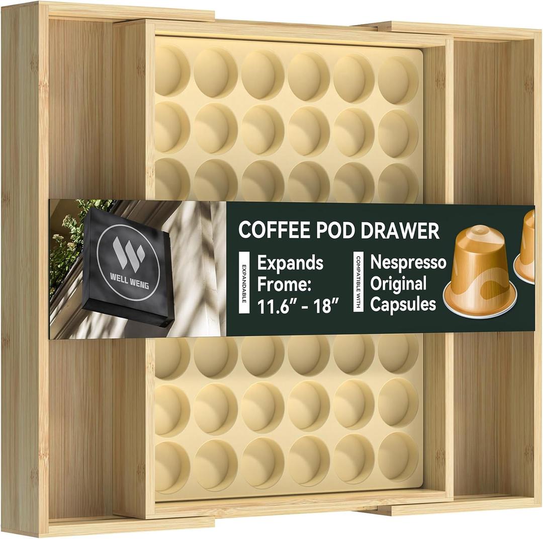 for Nespresso Original Capsules - Expandable Bamboo Coffee Pod Storage for Counter Drawer Insert - 48 Capsules & Tea Bags Organizer (Expands from 11.6" to 18") (Large)