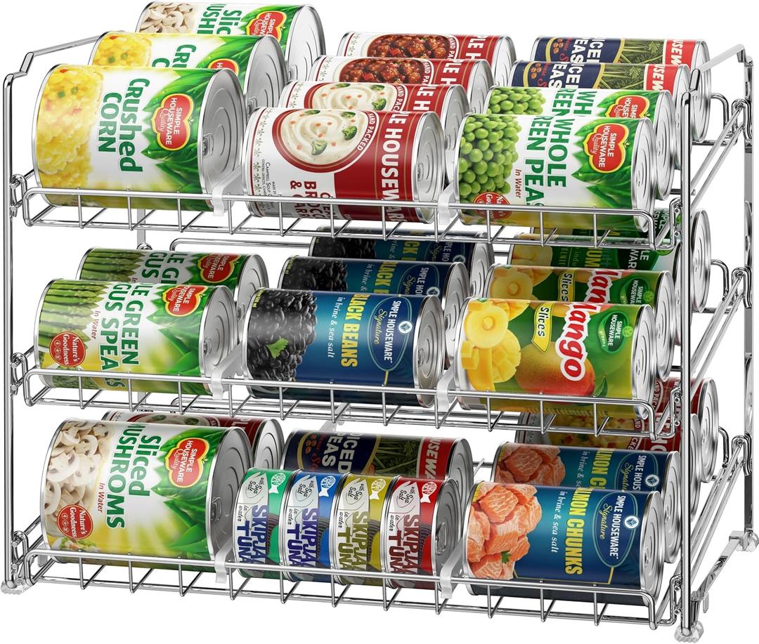 Simple Houseware Stackable Can Organizer Rack for Pantry/Cabinet  11.5" D x 17" W x 13.75" H, Holds 36 Cans, 3-Tier Can Food Storage Dispenser, Chrome