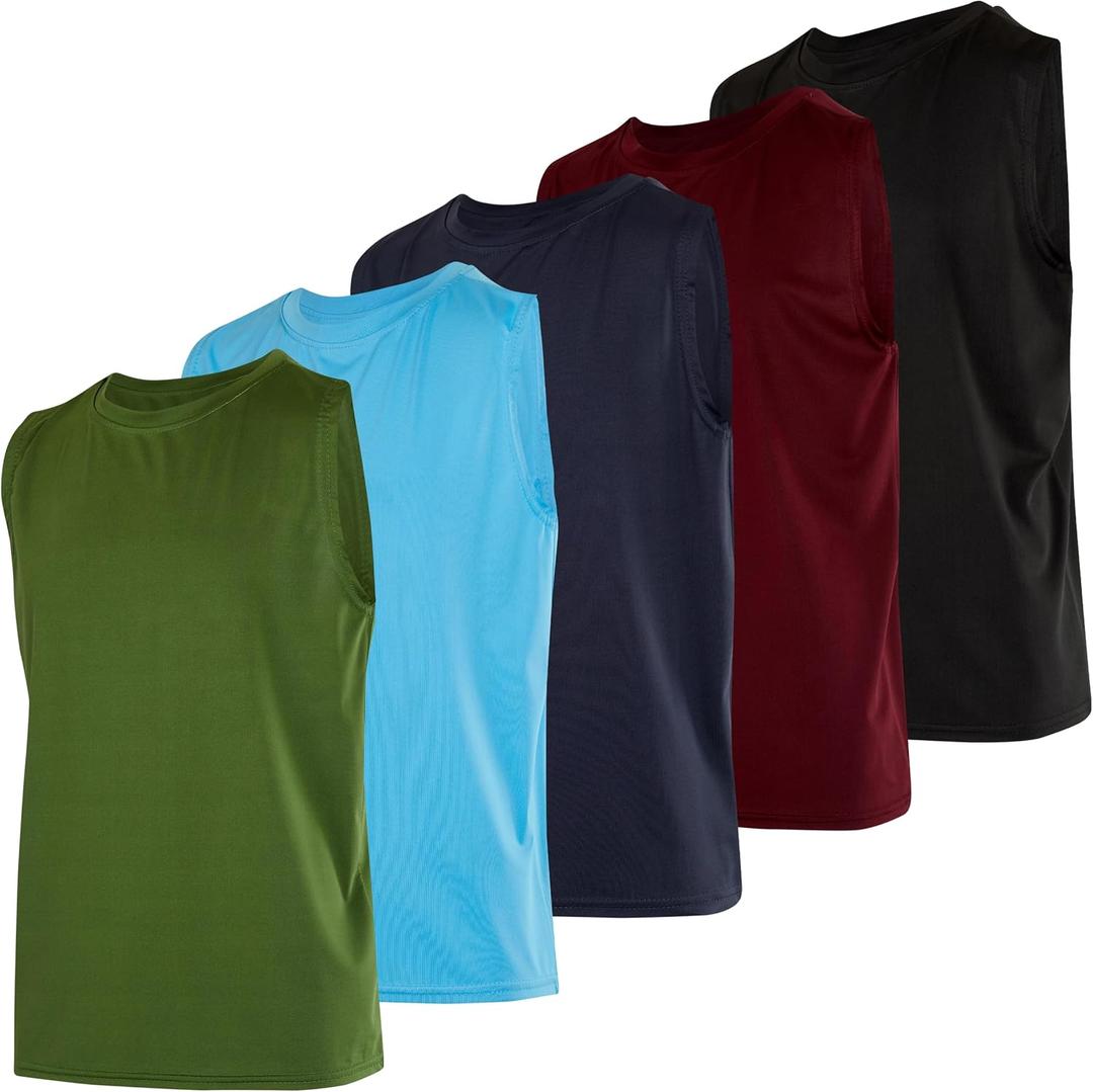 Real Essentials 5 Pack: Boys Dry-Fit Active Athletic Performance Tank Top, Small
