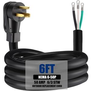 Kanayu 6.6 FT 6 AWG 3 Prong Replacement Power Cord Compatible with NEMA 6-50P 50 Amp 250V Welder Extension Cable with Open End for Welder Dryer Garage Heater Generator, ETL Listed