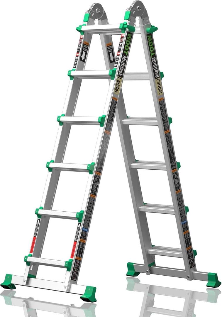 Ladder, Multi Position 6 Step Ladder Extension, 22 Ft Anti-Slip A Frame Compact Folding Ladder, 330LBS Adjustable Telescopic Aluminum Ladders for Home Stairs Roof Outdoor, Escaleras para Casa (Green)