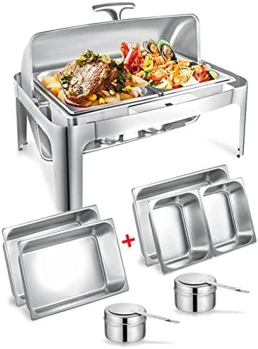 13QT Roll Top Chafing Dishes for Buffet: Catering Food Warmer for Parties, Wedding, Birthday, Christmas, 1 Full Size & 2 Half-Size Chafing Server Dish, 1 Water Pan
