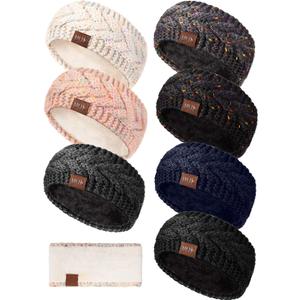 Geyoga 7 Pcs Women Winter Headbands Ear Warmer Women Knit Cable Headbands Fleece Lined Cold Weather Ear Muffs (Classic Colors)
