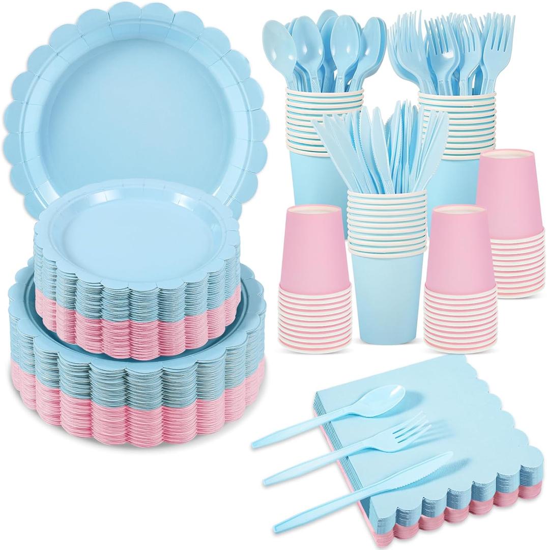 350 Pcs Baby Gender Reveal Plates and Napkins, 50 Guest Boy or Girl Gender Reveal Party Supplies Include Light Pink and Light Blue Plates Napkin Cup Plastic Spoon Fork Knive for Baby Shower
