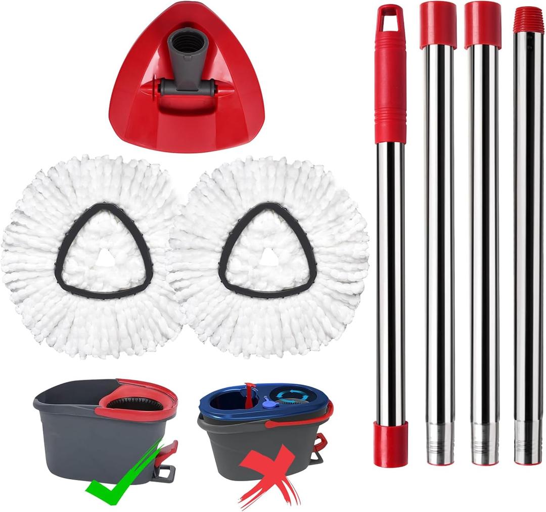 Mop Replace Heads Mop Handle Base Replacement Compatible with O Cedar EasyWring 1-Tank Spin Mops System, 2 Microfiber Mops Head Refills, 4-Section Handle 30-58in and 1 Cover Set (No Bucket)