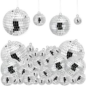 54 Pieces Mini Disco Ball Decor Ornaments, 4 Sizes Glitter Silver Small Hanging Mirror Disco Ball Decoration with Rope for Christmas Tree, Cake Topper, Music Prom, Party, Wedding